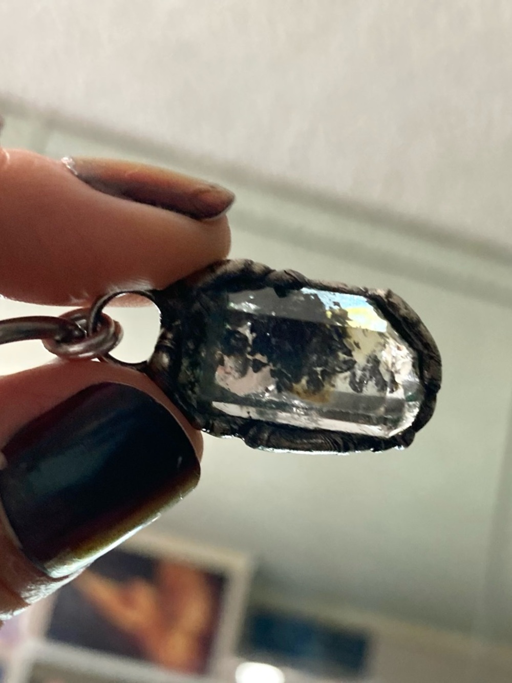 Smoky black herkimer diamond crystal on handmade maille stainless steel chain - Picture 6 of 15